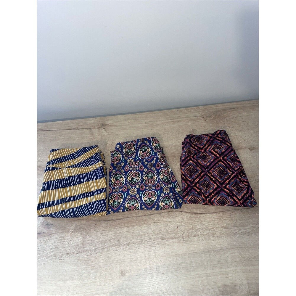 Lot of 3 LuLaRoe OS Leggings Bundle Geometric Floral Abstract Blue Yellow Multi